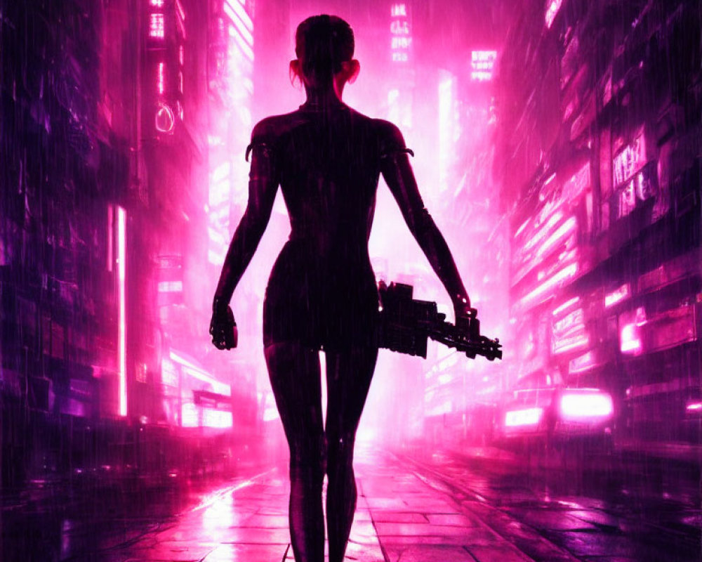 Silhouetted figure with gun in neon-lit cyberpunk cityscape