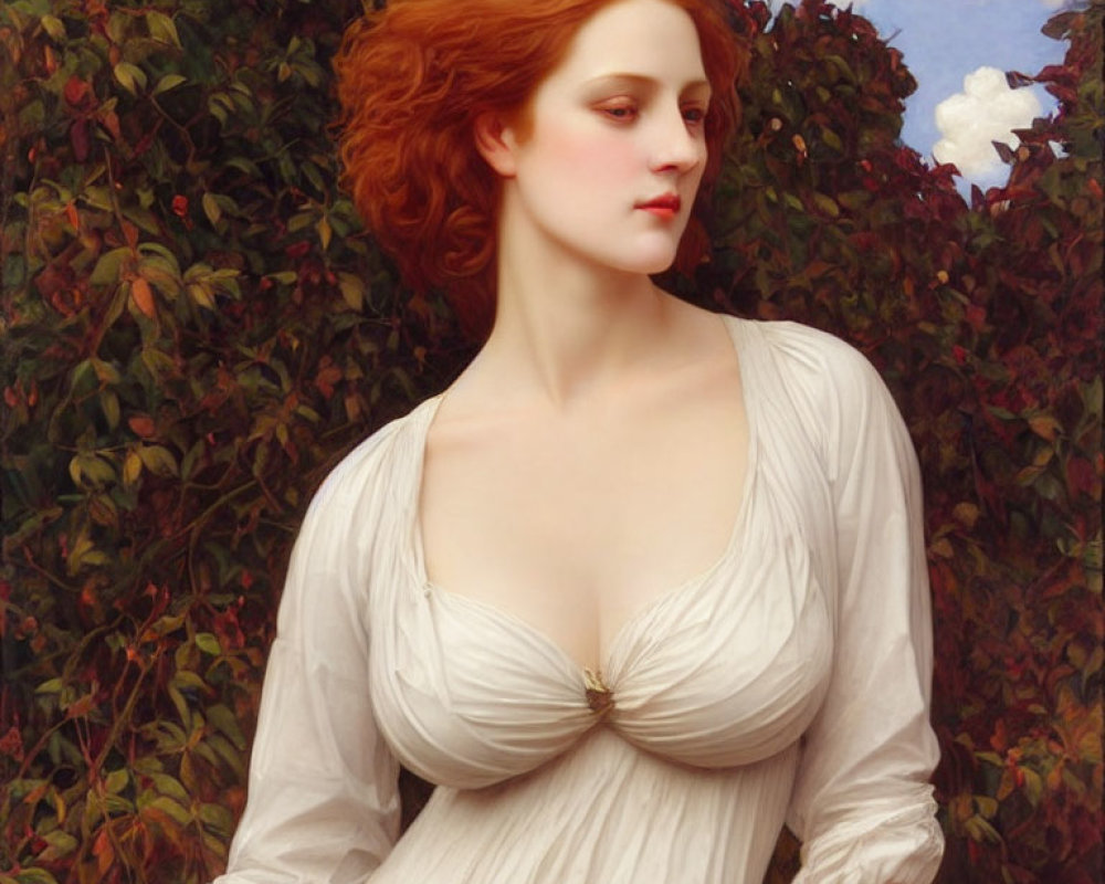 Classic Painting: Red-Haired Woman in White Dress, Green Foliage, Blue Sky