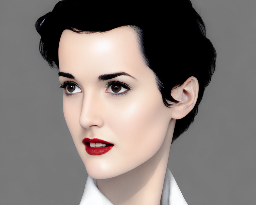 Portrait of woman with short black hair, fair skin, red lipstick, white shirt, gray backdrop