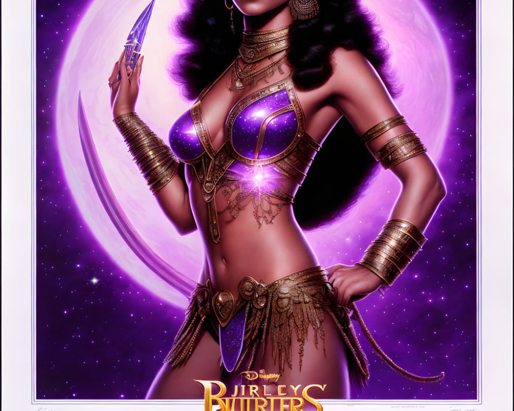 Stylized sci-fi poster: Woman with afro in golden costume with spear