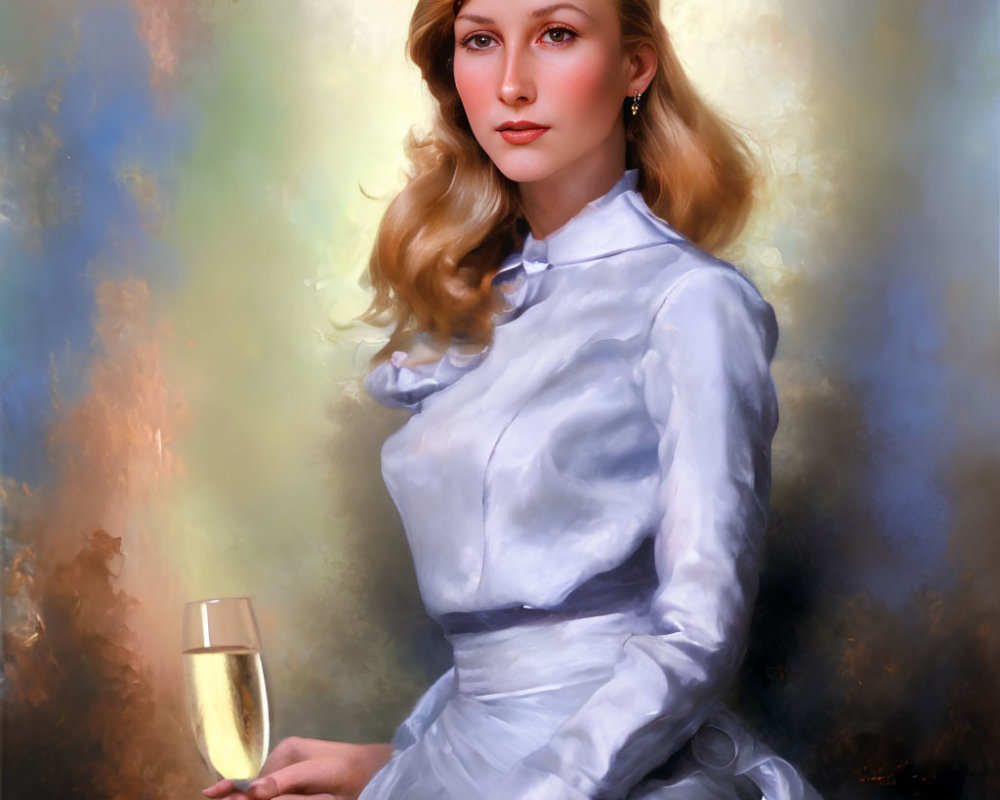 Blond woman in blue dress with champagne glass on soft, colorful background