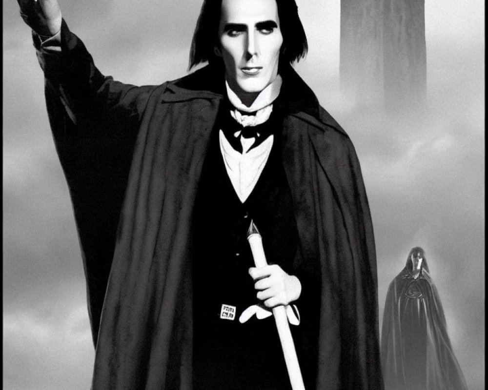 Monochrome male vampire with cape and skull in castle scene