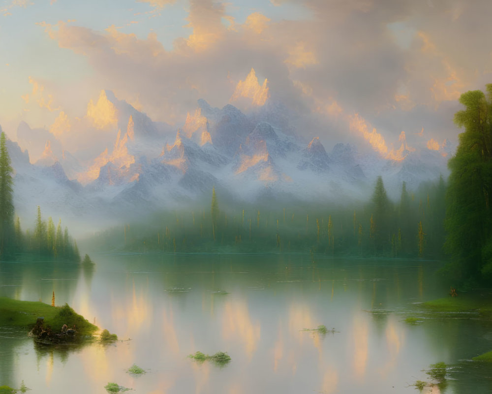 Tranquil sunset scene: snowy mountains, calm lake, lush greenery