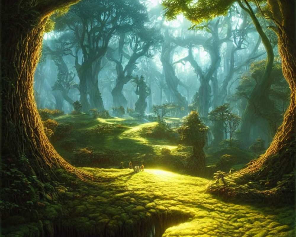 Serene forest glade with sunlight, mossy ground, stream, and figures