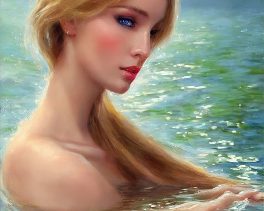 Blonde woman with blue eyes in serene water background