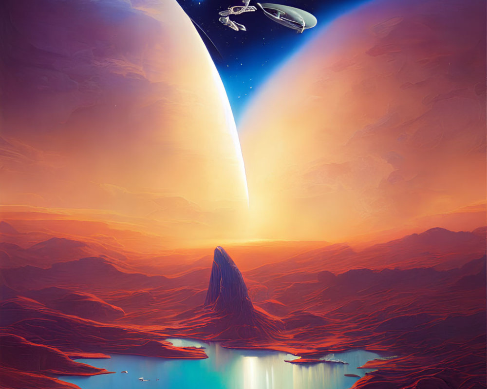 Sci-fi landscape with planet, red terrain, glowing lake, spaceships, and bright star