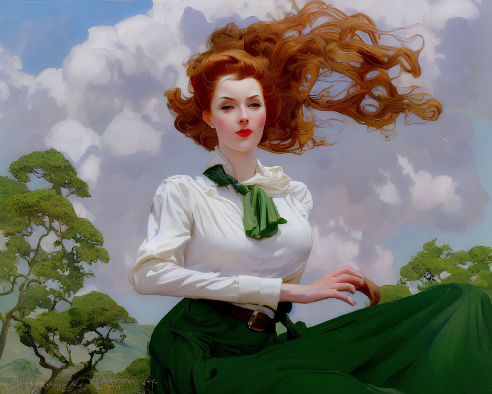 Stylized portrait of a woman with red hair and lipstick in white blouse and green skirt against cloudy