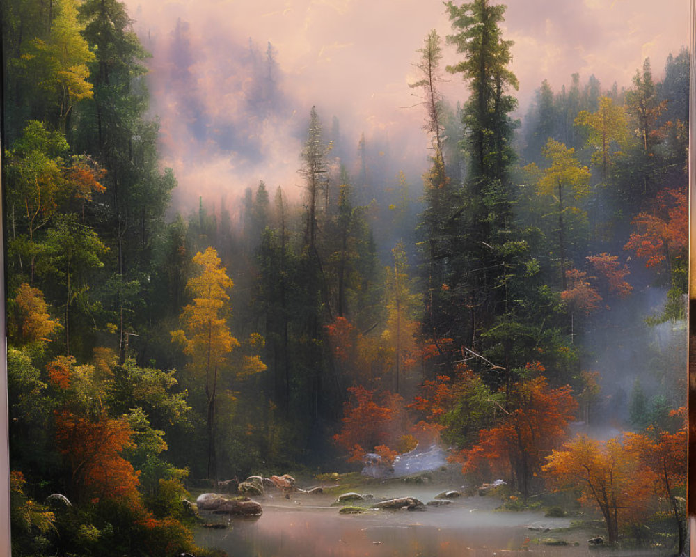 Tranquil autumn forest with misty river and rocks under warm sky