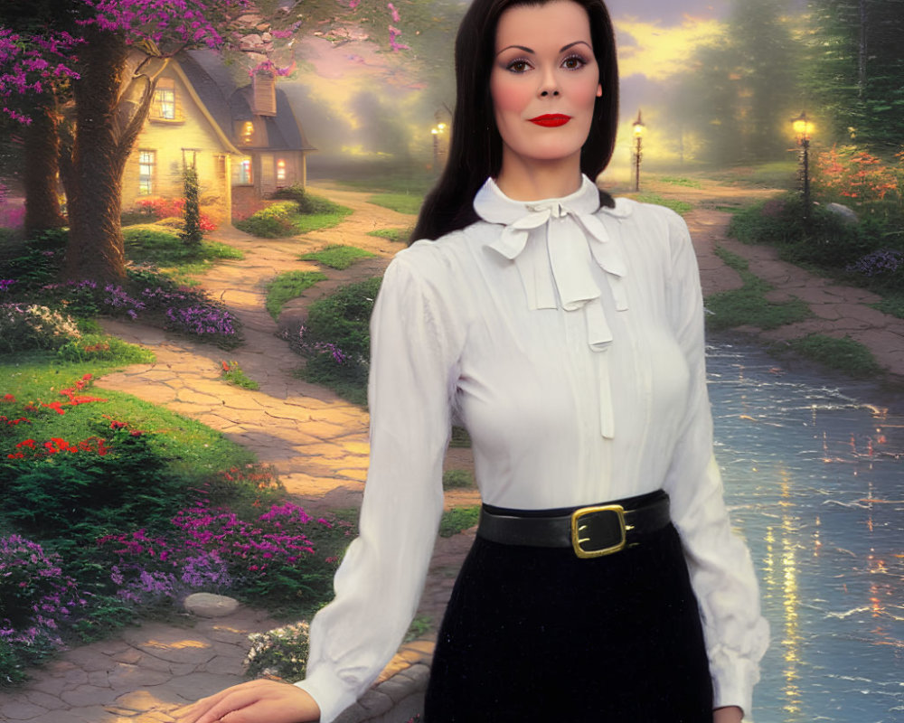 Woman in white blouse and black skirt by balustrade with cottage and garden.