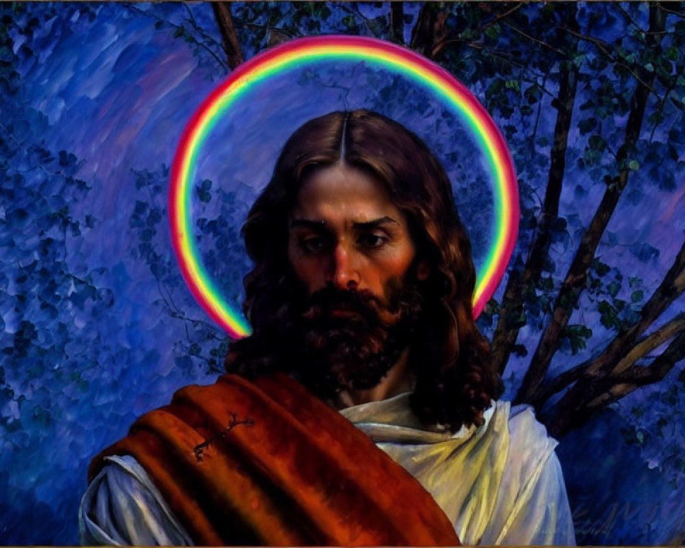 Bearded man in robe with rainbow halo against dark backdrop