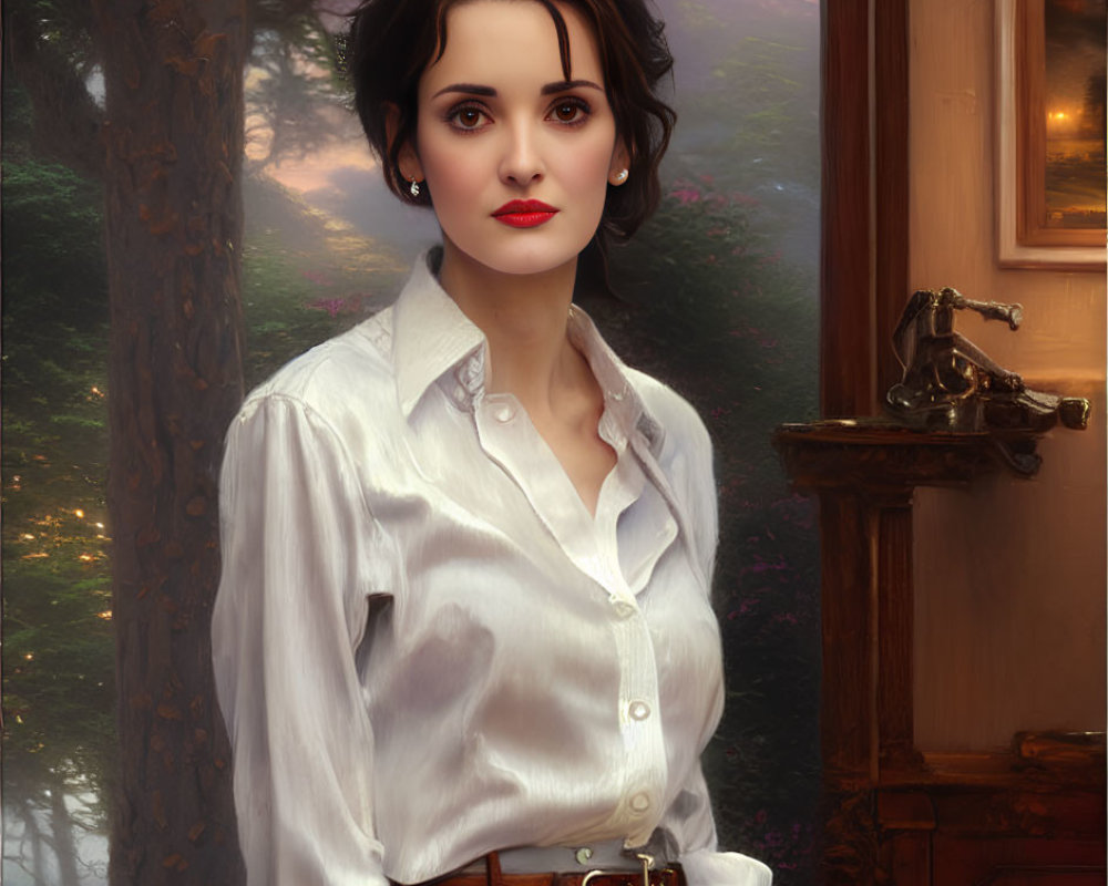 Digital painting of woman with short dark hair in white blouse by misty forest window