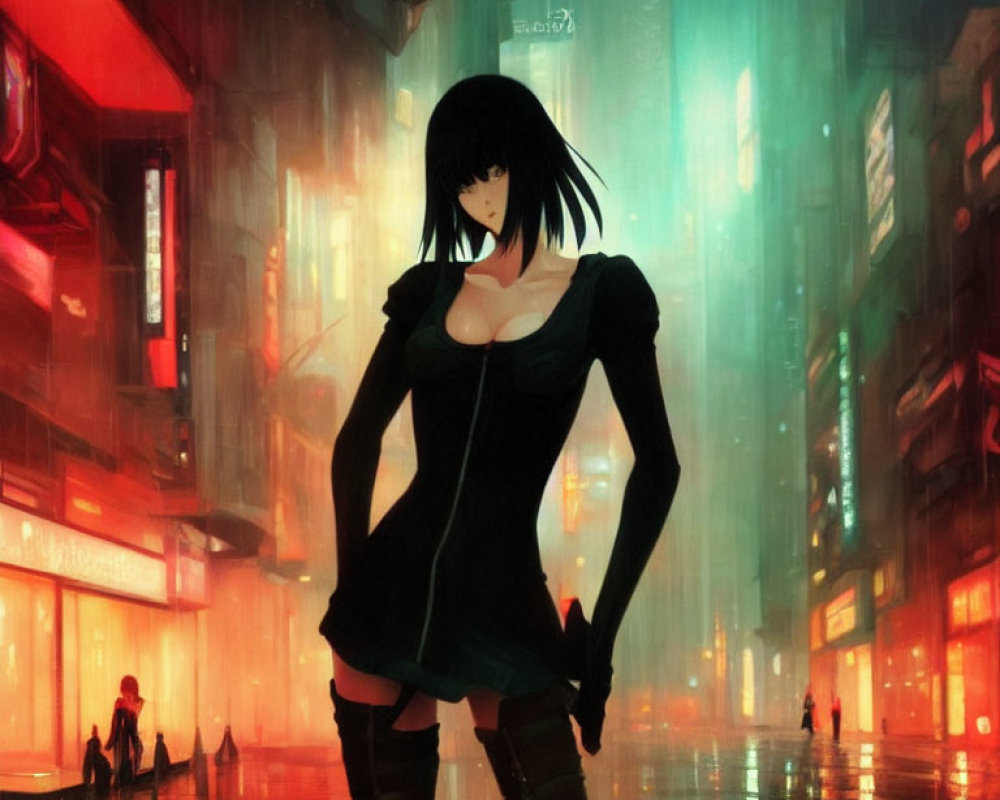 Black-haired woman in dark outfit surrounded by neon-lit city streets