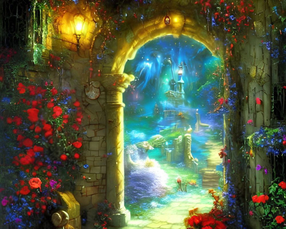 Enchanting archway with red flowers in glowing garden and distant castle