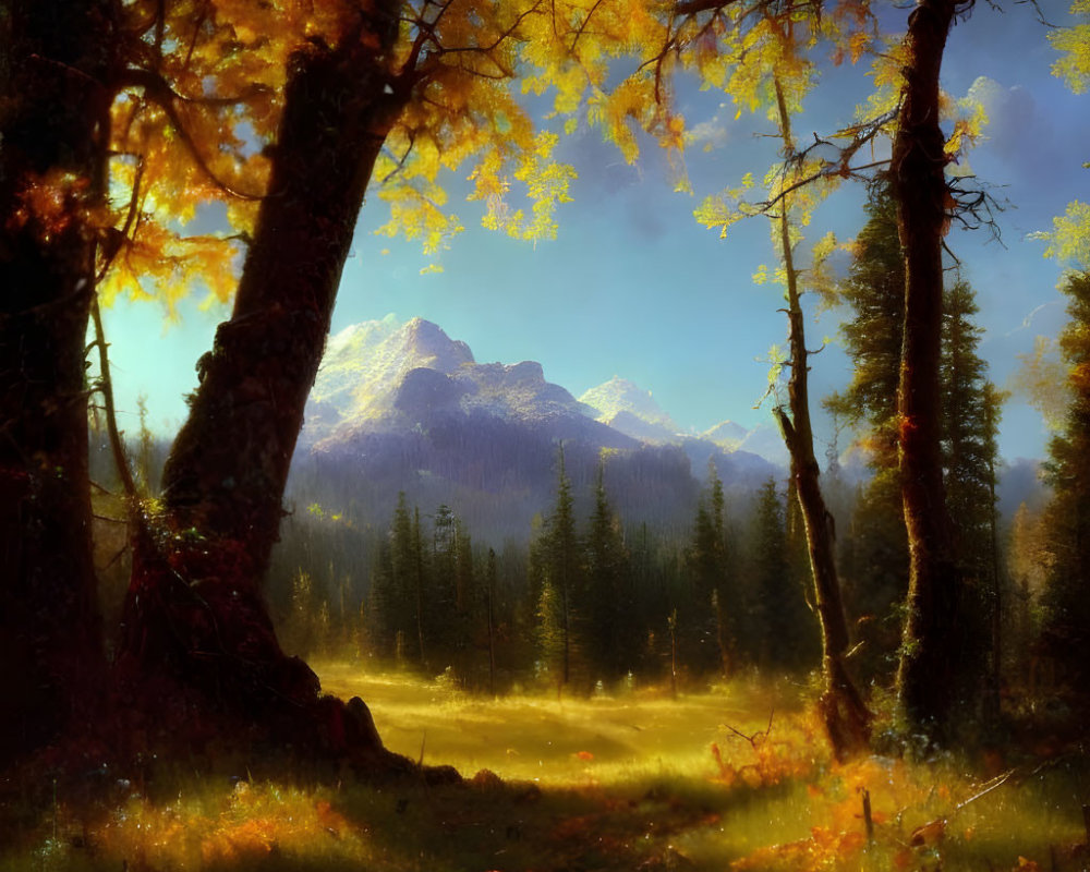 Autumn forest clearing with golden leaves and mountain backdrop