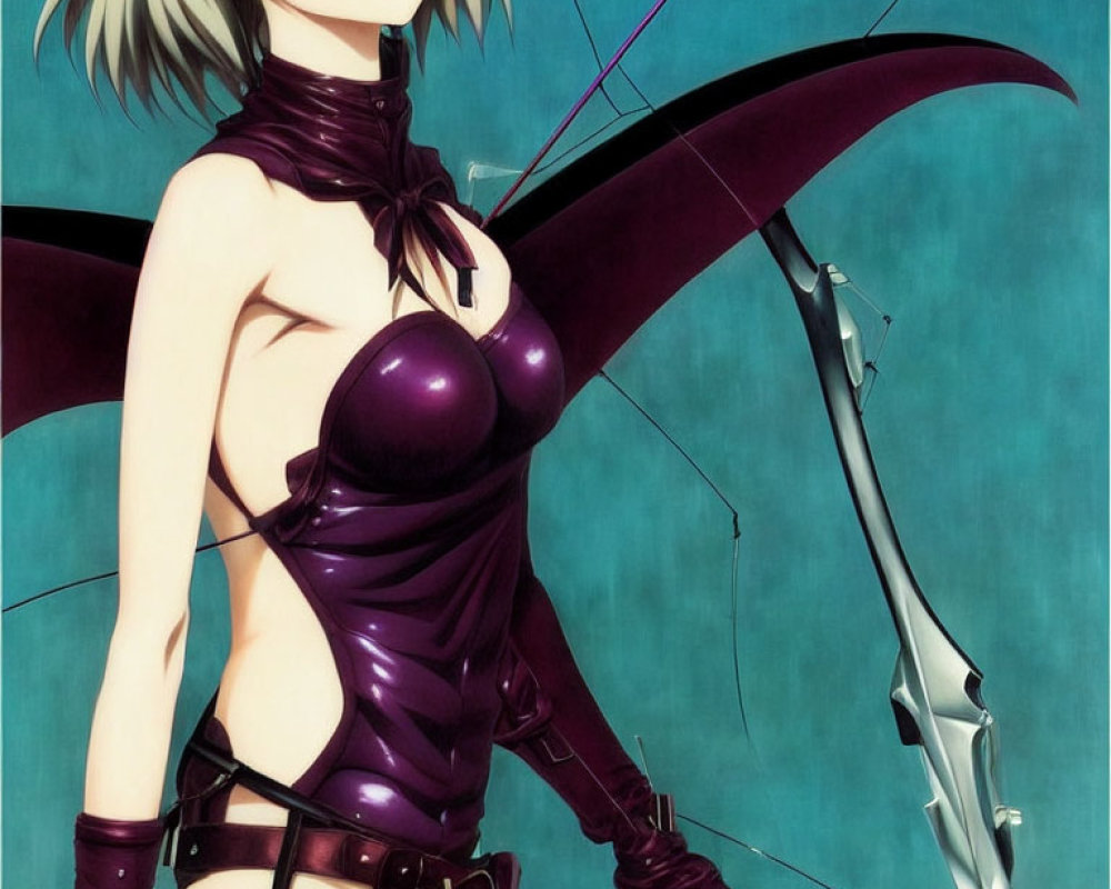 Blond-Haired Female Anime Character in Dark Purple Bodysuit with Futuristic Bow