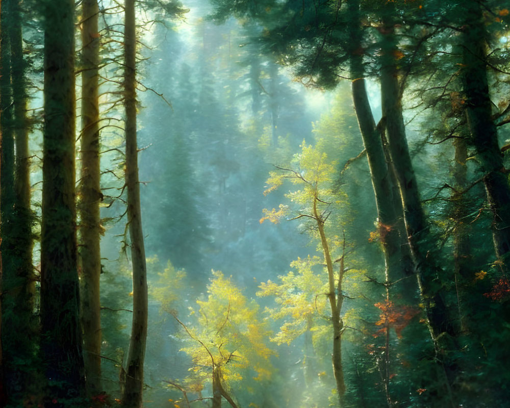 Tranquil forest path with towering trees and autumn leaves under sunlight