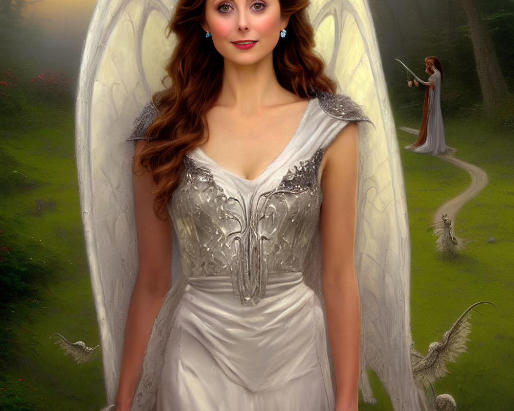 Mystical forest scene with woman in angel wings and tiara