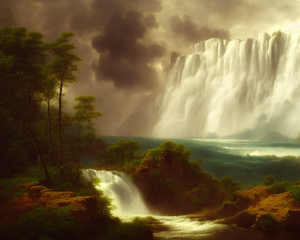 Serene waterfall flowing into lush river amid golden light