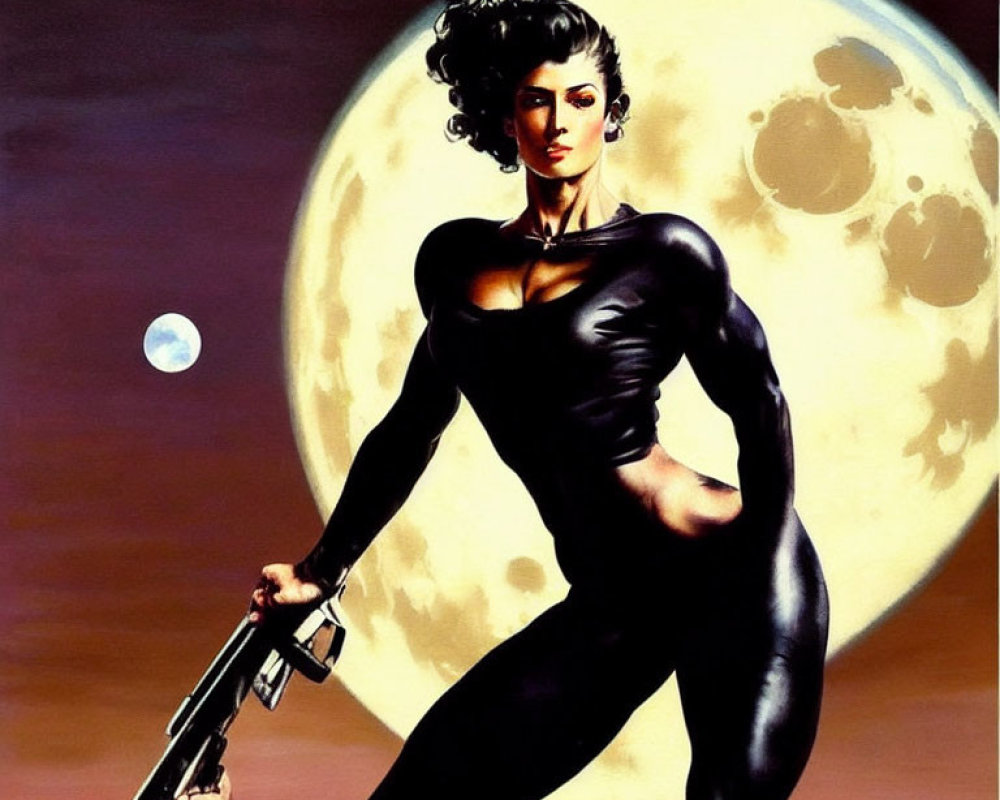 Stylized illustration of confident woman with weapon under moon and planet