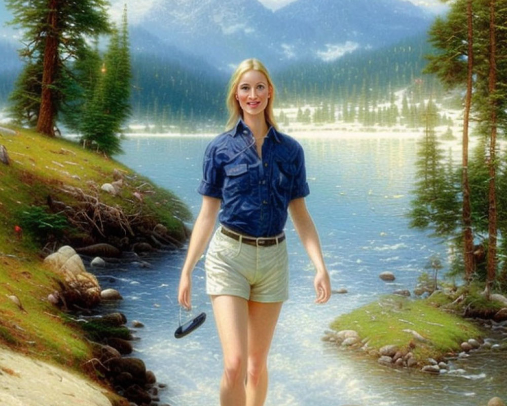 Woman in blue shirt and shorts walking by mountain lake with shoe in hand