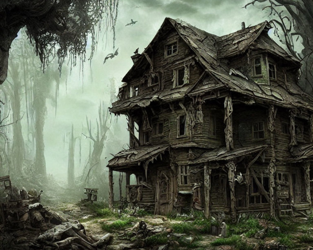 Abandoned wooden house in misty forest with gnarled trees