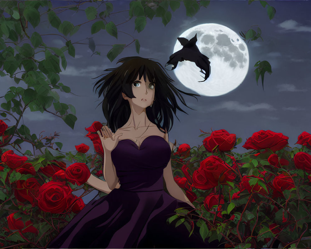 Woman in Purple Dress Surrounded by Red Roses Under Full Moon