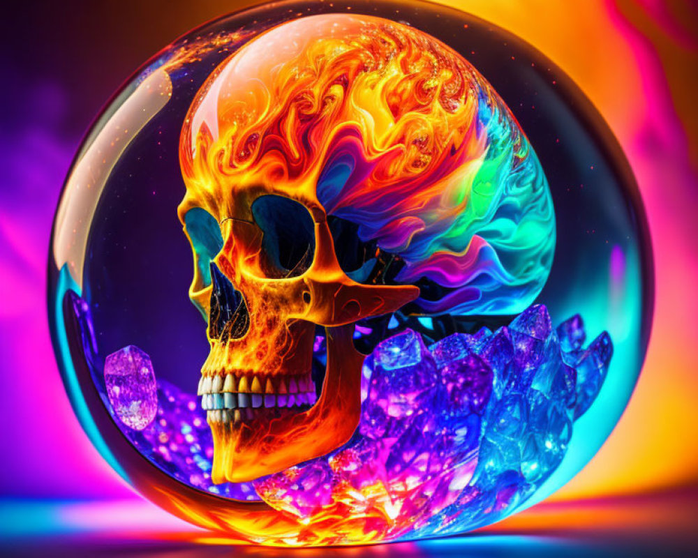 Digital artwork: Skull in bubble with flame and crystals on rainbow background