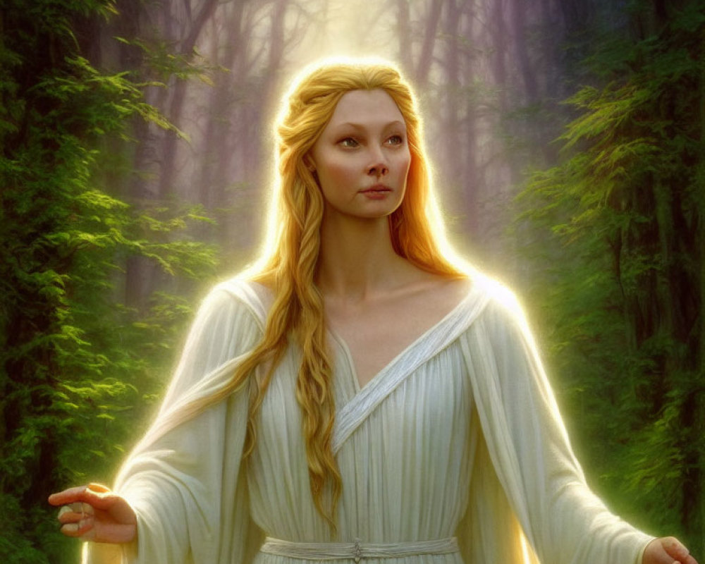 Blonde Woman in White Robe Standing in Sunlit Forest