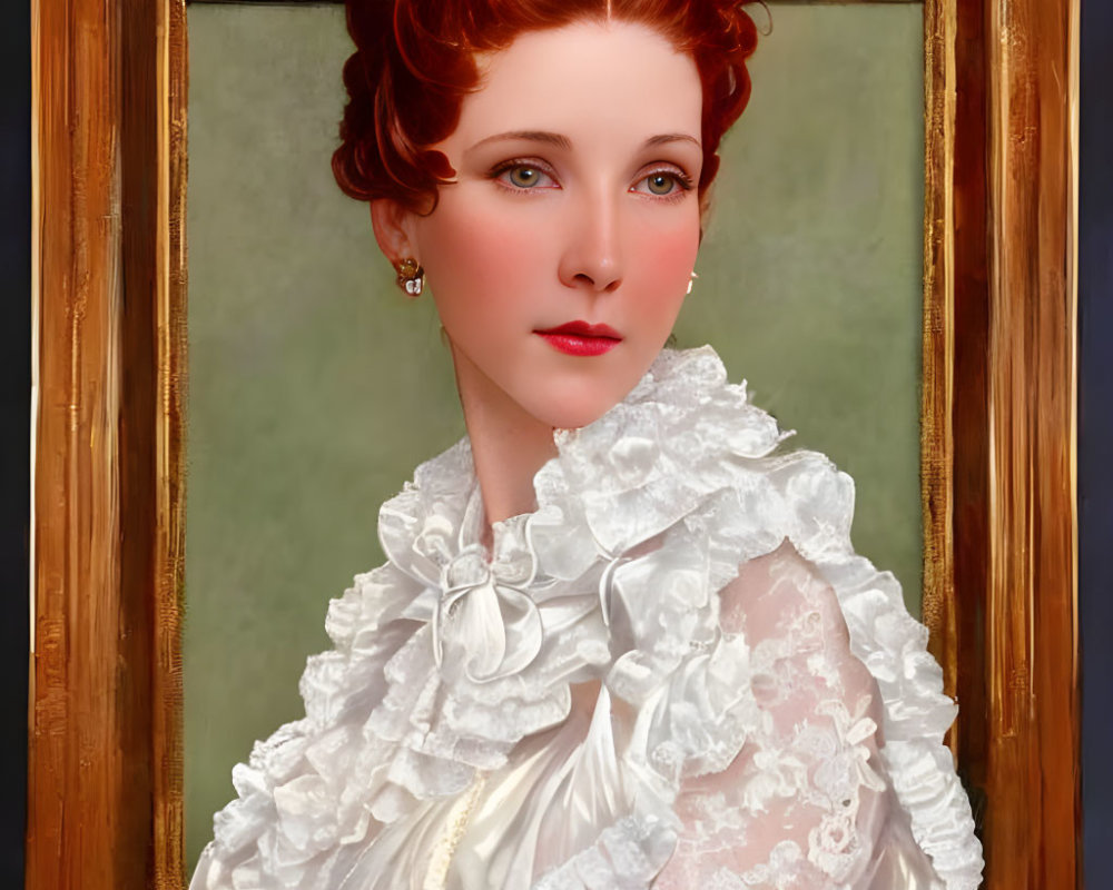 Red-haired woman in white dress with lace, framed against muted green background