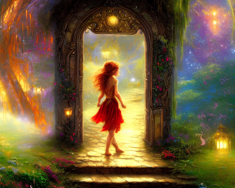 Woman in red dress entering mystical archway to luminous realm with greenery, flowers, and rabbit