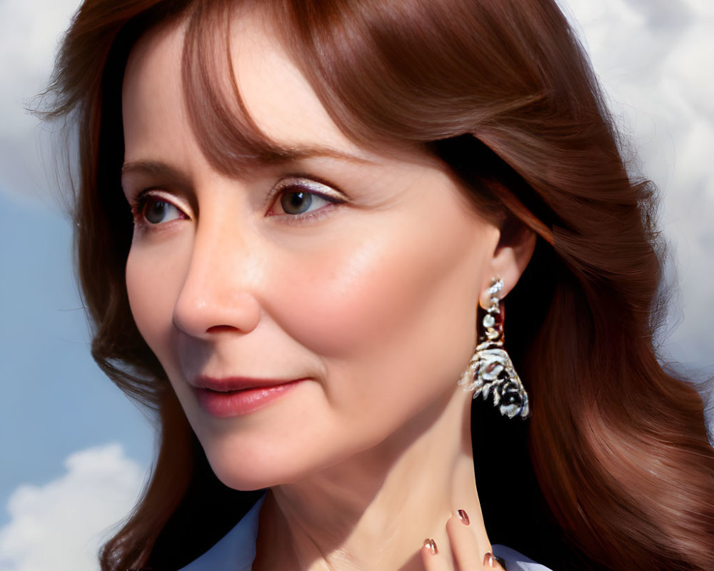 Brown-haired woman in white blouse against cloudy sky portrait.