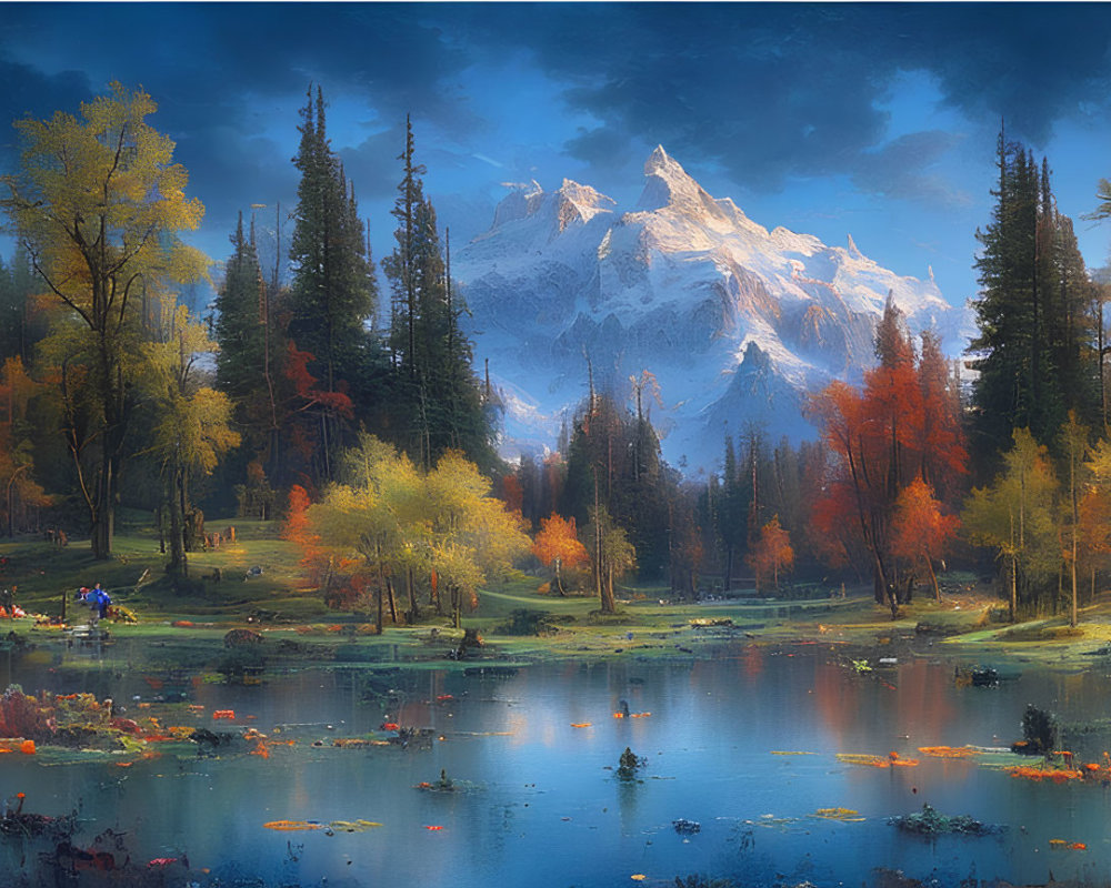 Tranquil autumn mountain scene with colorful trees and calm lake