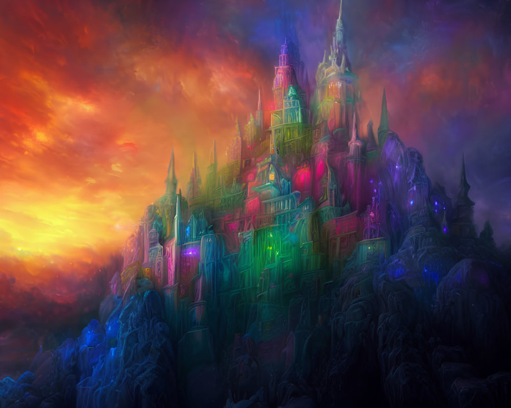 Fantasy castle on craggy peaks under colorful sunset sky