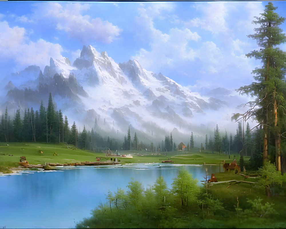 Snow-capped mountain range, blue lake, pine trees, cabin on green meadow