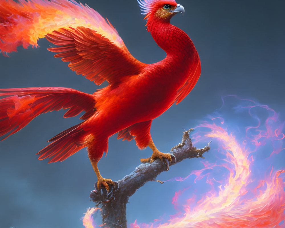 Red Phoenix with Fiery Wings Perched on Branch Against Blue Background