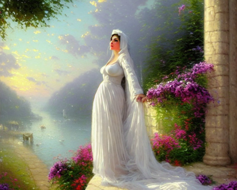 Woman in flowing white gown by serene lake with blooming flowers