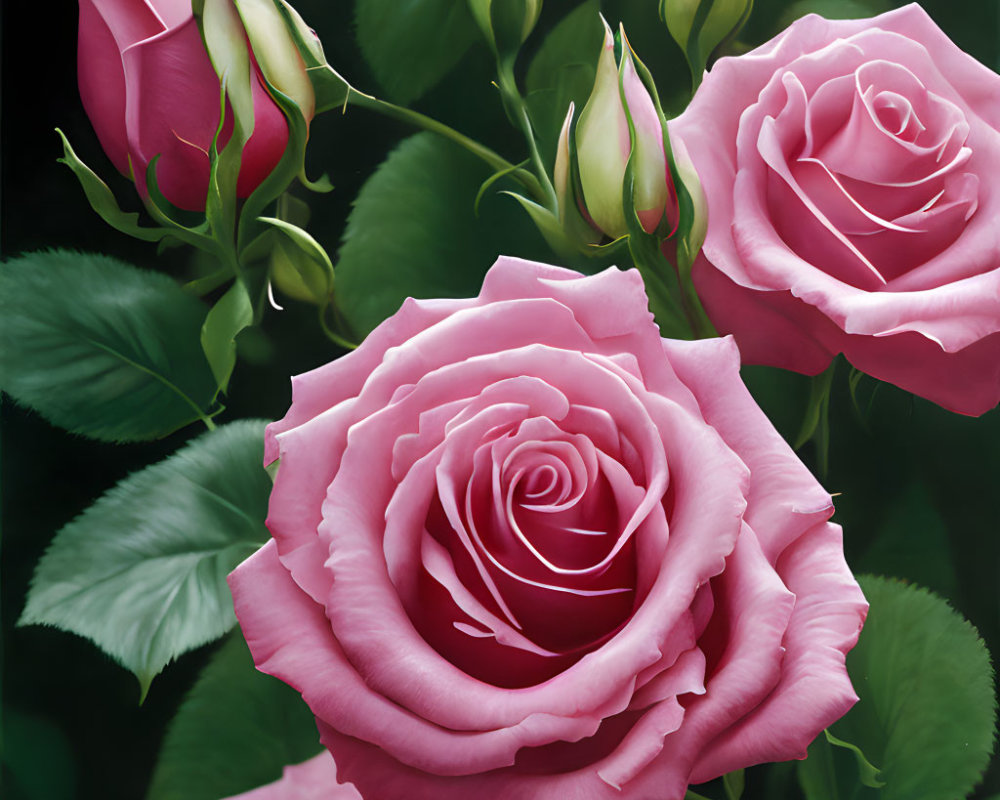 Vibrant pink roses in different bloom stages on dark background