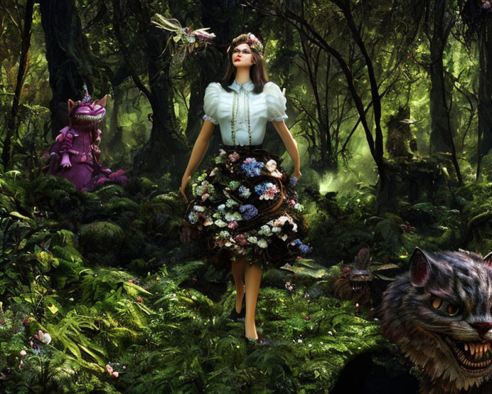 Woman in floral dress with grinning cat and purple creature in enchanted forest