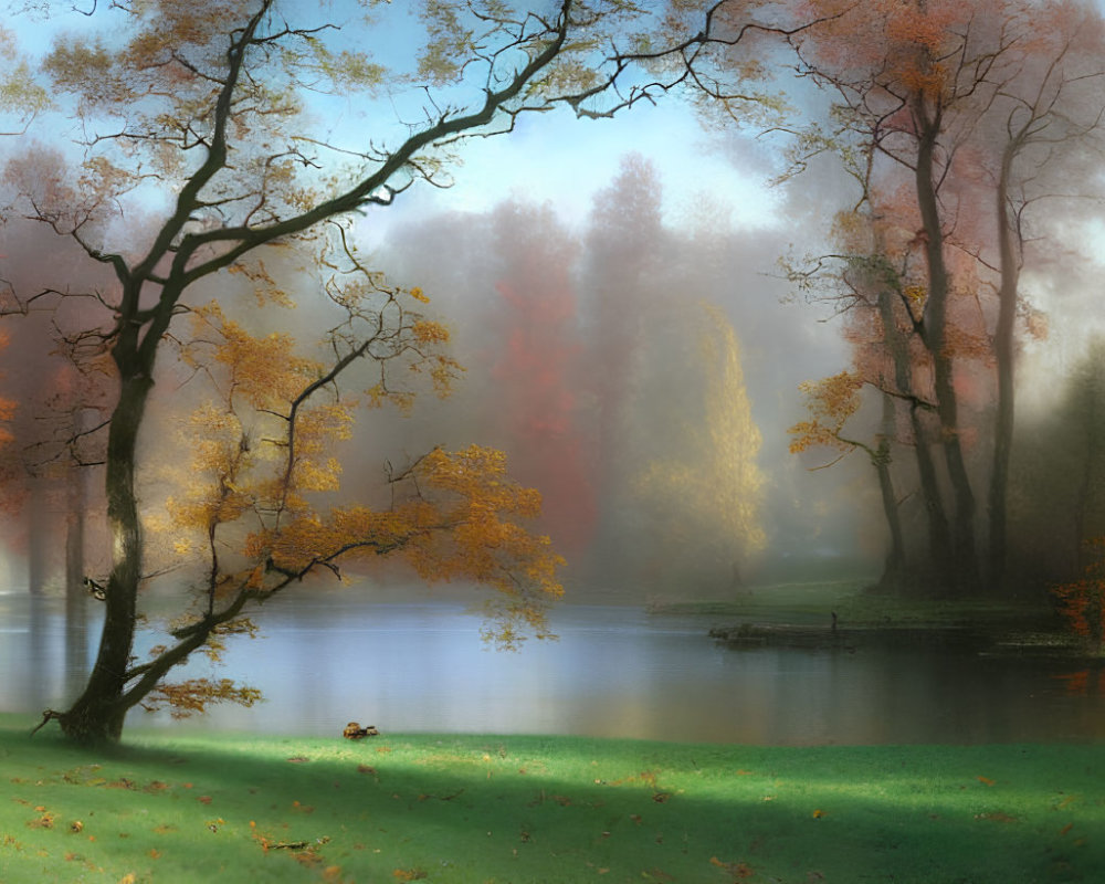 Colorful autumn trees reflecting in calm lake with light mist and bird perched nearby