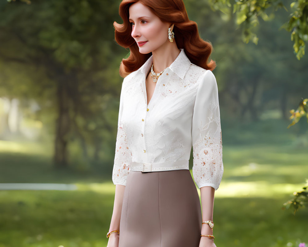 Red-haired woman in white lace blouse and beige skirt in sunlit park