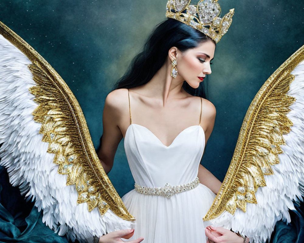 Woman in white dress with golden crown and angel wings on starry backdrop