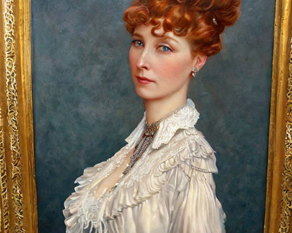 Realistic framed painting of woman with red hair in updo and pearls