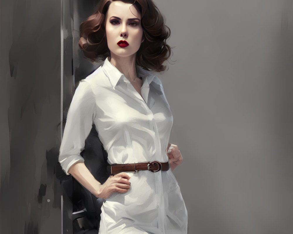 Stylish Woman with Wavy Hair in White Shirt and Belt Portrait