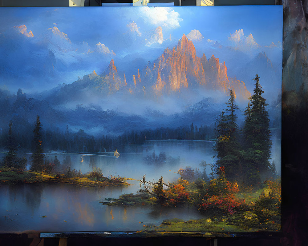 Sunlit mountain peaks, misty forests, serene lake, and boat in vibrant landscape.