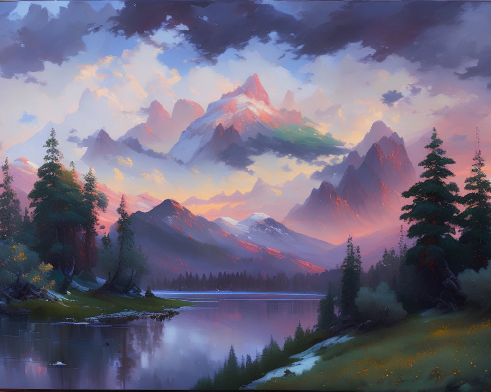 Tranquil landscape painting: vibrant sunset hues, mountain range, serene lake, lush forests