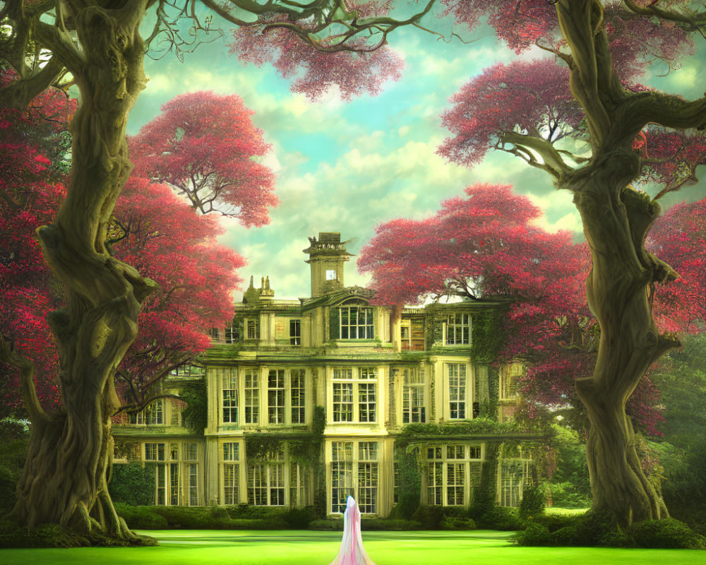 Woman in long dress at grand estate with lush greenery and pink trees.