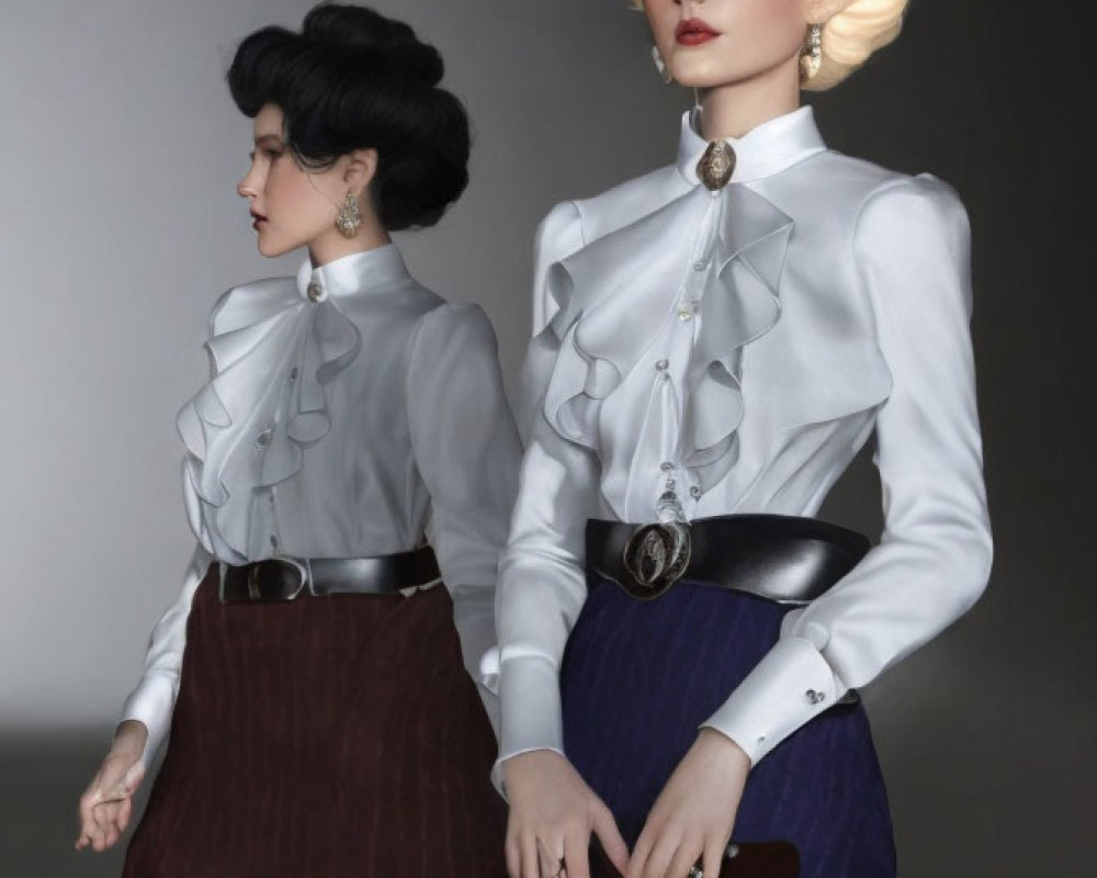 Two women in vintage attire with ruffled blouses and high-waisted skirts in mirror reflection.