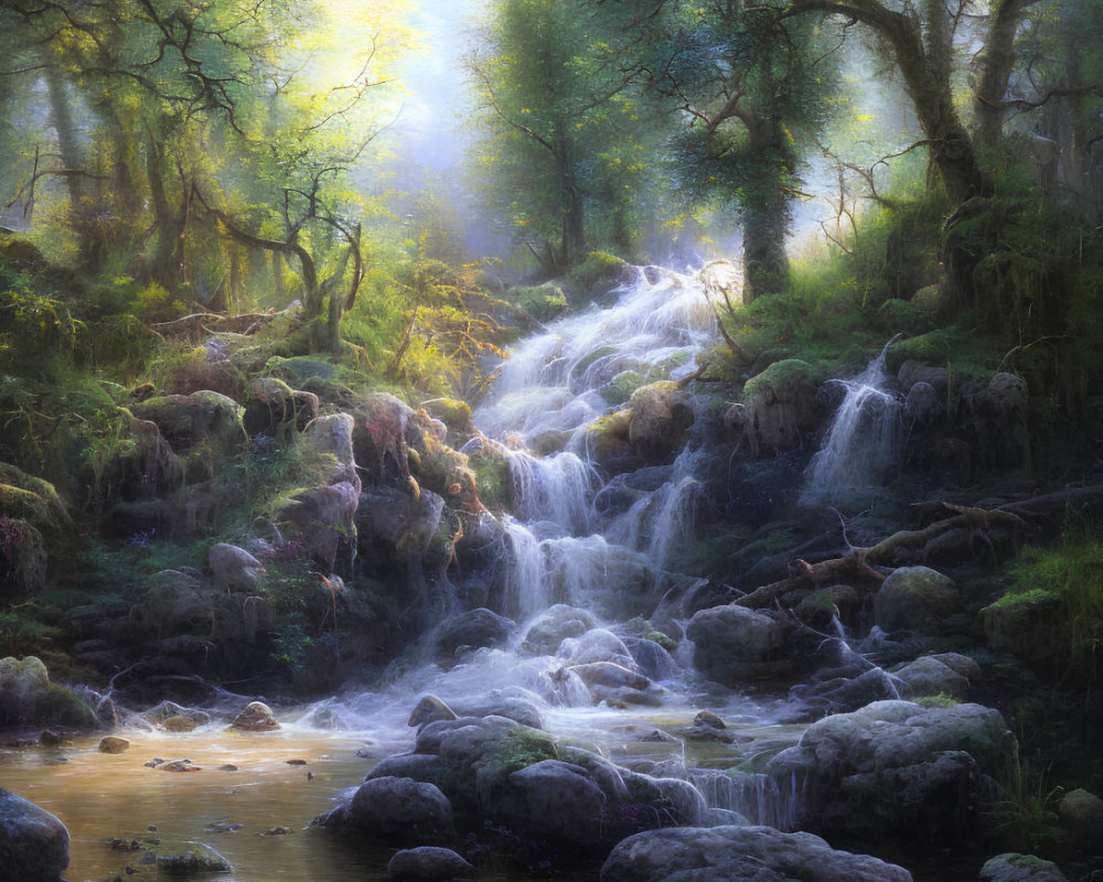 Sunlit waterfall cascading over moss-covered rocks in tranquil woodland oasis