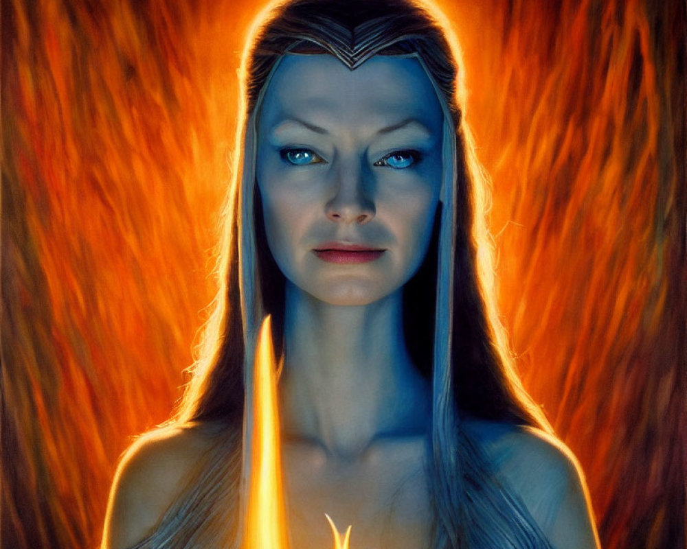 Portrait of woman with crown and mystical object in fiery background