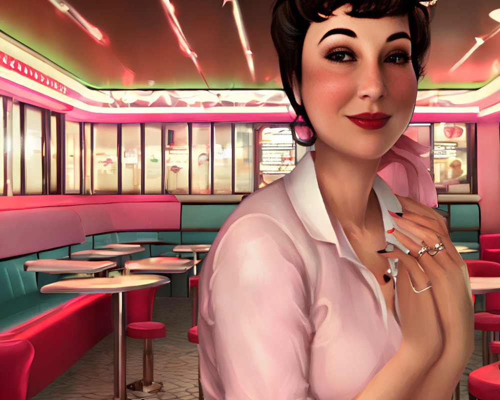 Retro-styled waitress in 1950s diner setting with pink booths & neon lights